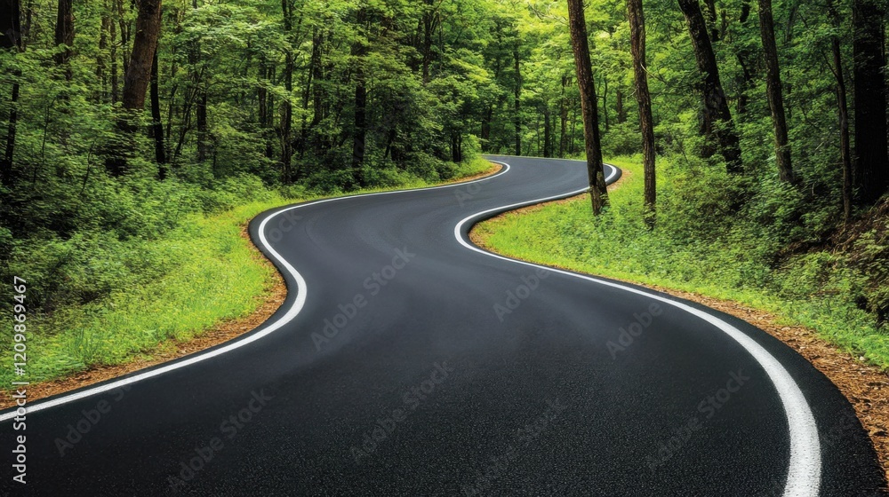 Obraz premium Scenic Winding Road Surrounded by Lush Green Forest Landscape