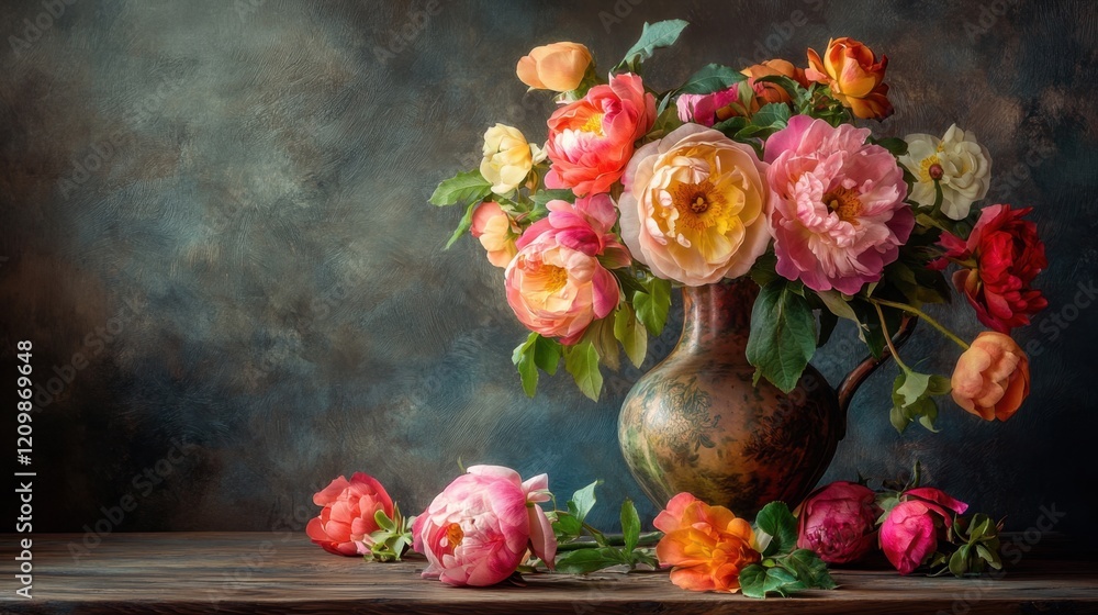 Obraz premium Vibrant Floral Arrangement in Rustic Vase with Colorful Flowers