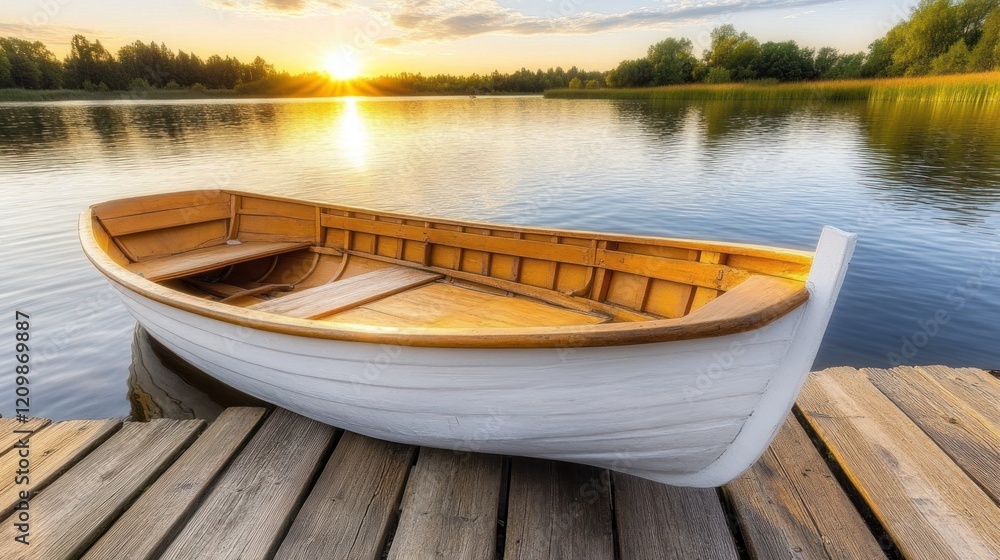 Obraz premium Serene Sunset: Rowboat at Lakeside Dock