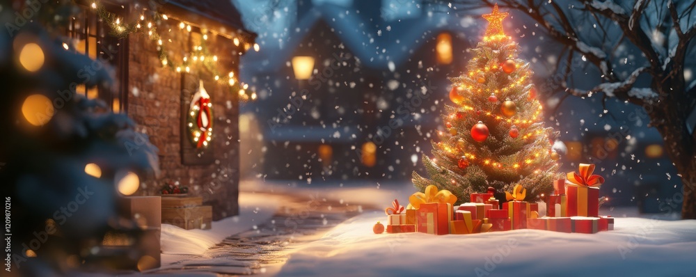 A festive Christmas scene with a decorated tree, presents under the tree, and snow falling outside. A festive Christmas scene with a decorated tree, presents under the tree, and snow falling outside.