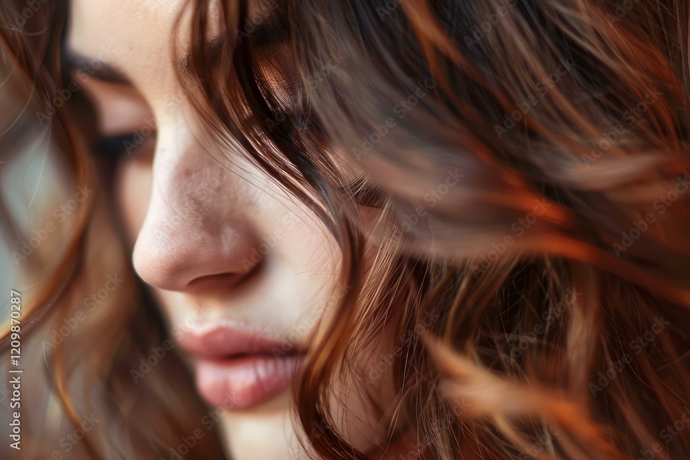 Woman with auburn hair partially covering face, conveying emotion with thoughtful expression Woman with auburn hair partially covering face, conveying emotion with thoughtful expression