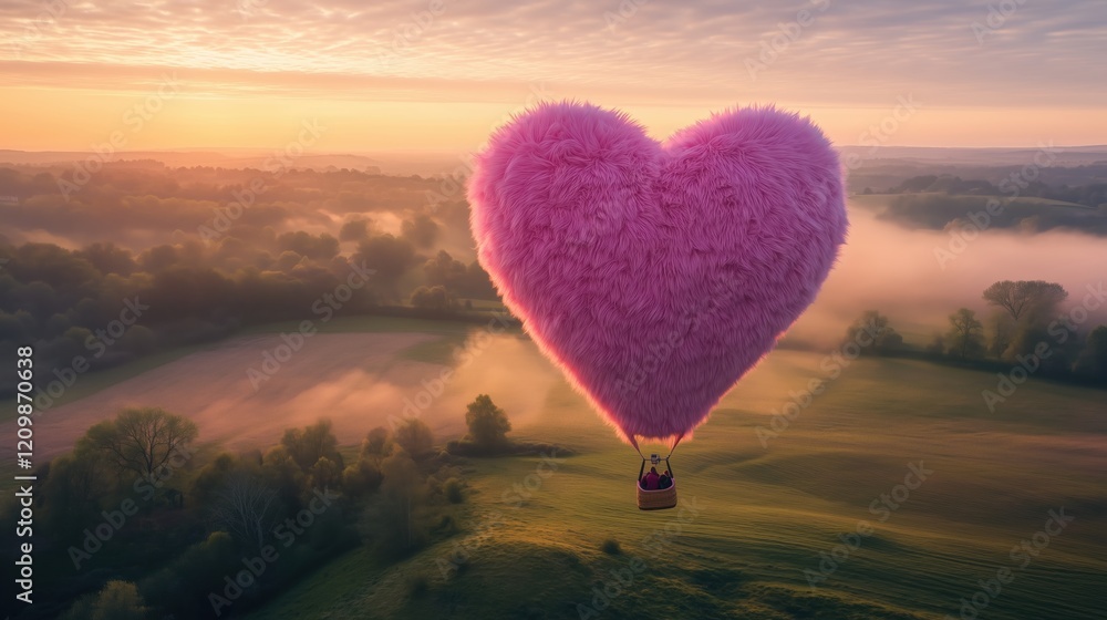 Fototapeta premium Pink furry heart-shaped hot air balloons float over a misty landscape countryside at sunrise light