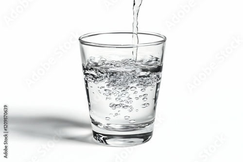 Clear glass cup fills with sparkling water, bubbles rising to the surface.