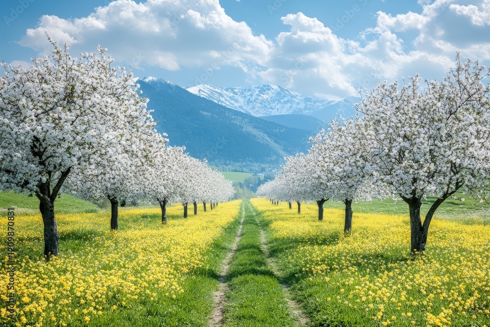 Cherry blossom trees line a vibrant path through fields of yellow flowers and mountains in the background