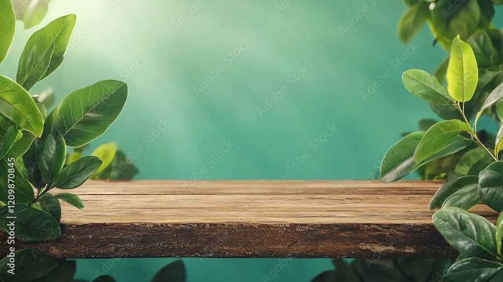 Wooden surface with green foliage and bright light against a teal background for product display Wooden surface with green foliage and bright light against a teal background for product display