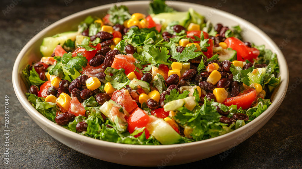 Image of a mouthwatering black beans and corn salad, featuring a medley of fresh vegetables, aromatic herbs, and a tangy lime dressing Image of a mouthwatering black beans and corn salad, featuring a medley of fresh vegetables, aromatic herbs, and a tangy lime dressing
