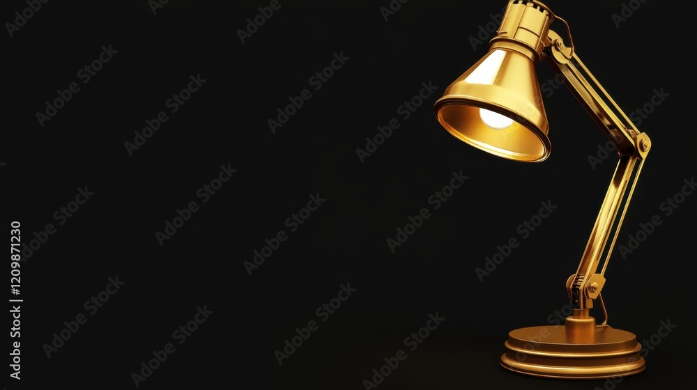 Elegant gold desk lamp shining brightly against a dark background Elegant gold desk lamp shining brightly against a dark background