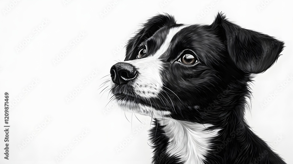 Fototapeta premium Closeup Portrait of Adorable Black and White Dog with Friendly and Curious Expression