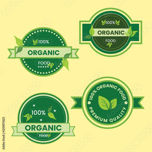 Green organic labels, circular emblems, natural food stickers, eco-friendly badges, leaf motifs, vintage style seals, premium quality stamps, biodegradable product icons, sustainable packaging designs