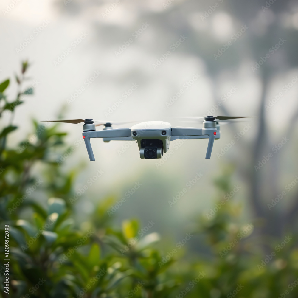 Drone Hovering Amid Misty Landscape with Soft Lighting