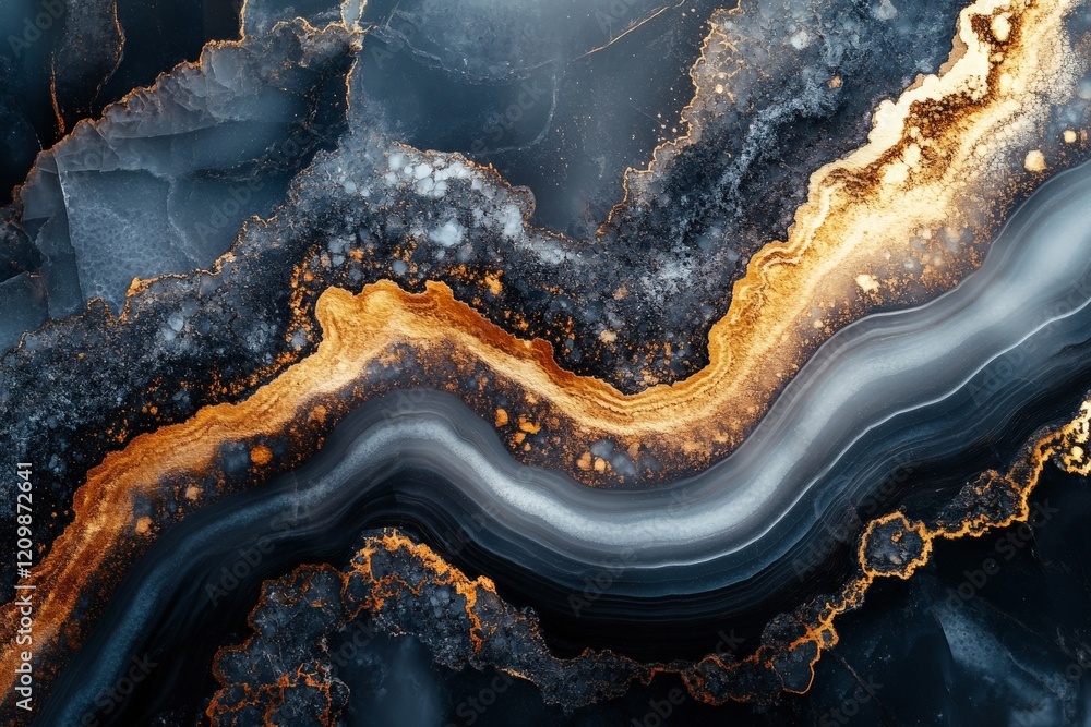 Stunning geological formation with golden and black patterns creating a mesmerizing visual display in natural rock Stunning geological formation with golden and black patterns creating a mesmerizing visual display in natural rock