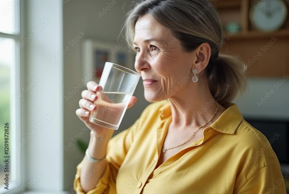 Joyful Middle-Aged Woman Enjoying a Refreshing Glass of Water While Standing by the Window in a Bright, Modern Kitchen Joyful Middle-Aged Woman Enjoying a Refreshing Glass of Water While Standing by the Window in a Bright, Modern Kitchen