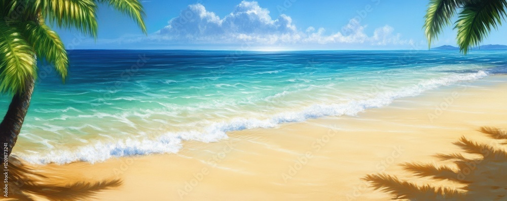 A serene beach scene with clear waters, golden sand, and palm trees. A serene beach scene with clear waters, golden sand, and palm trees.
