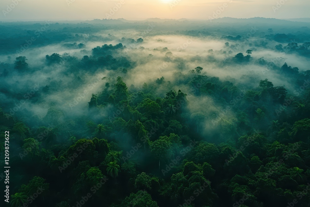 Aerial View of Lush Tropical Rainforest with Misty Morning Fog and Sunrise in the Background Aerial View of Lush Tropical Rainforest with Misty Morning Fog and Sunrise in the Background