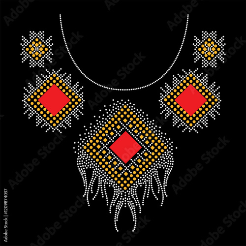 Rhinestone applique collar design for t-shirt or blouse hot-fix transfer. Abstract beautiful glitter applique rhinestone motif.	