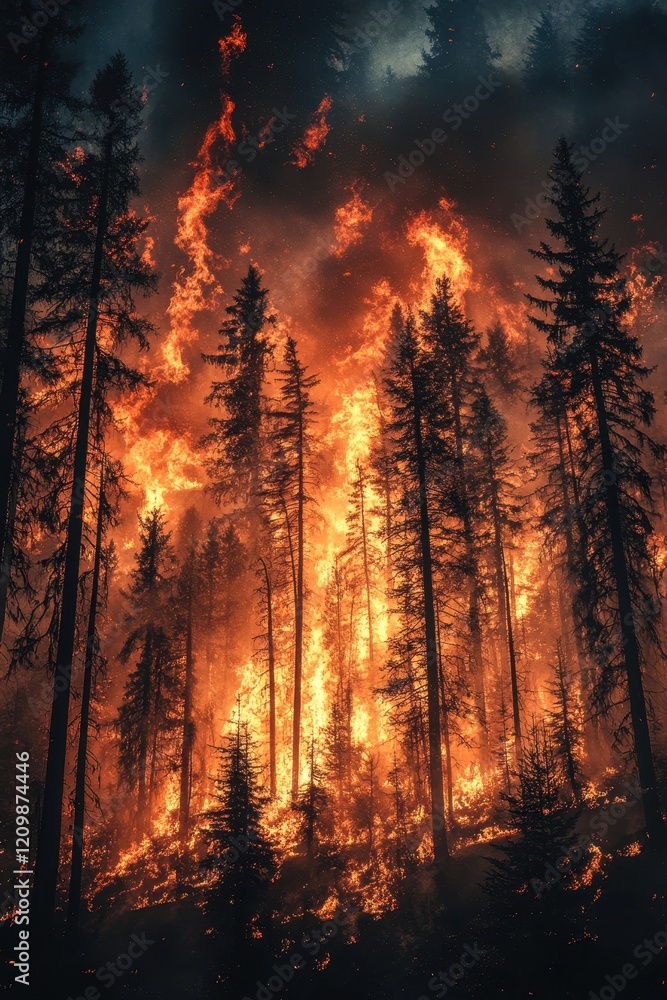 Intense Forest Fire with Tall Trees Engulfed in Flames Under a Dark Smoky Sky Capturing the Power and Destruction of Nature's Fury Intense Forest Fire with Tall Trees Engulfed in Flames Under a Dark Smoky Sky Capturing the Power and Destruction of Nature's Fury