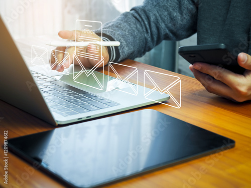 Digital online e-invoice concept, e-tax invoice document by electronic mail, businessman opening and reading on laptop computer with digital receipt icon.