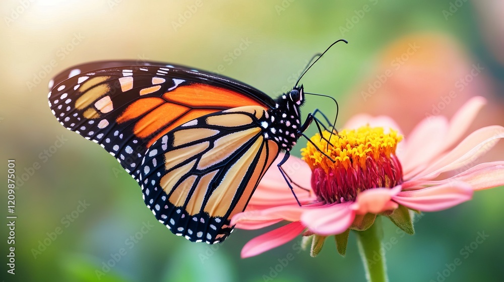 Obraz premium Butterfly resting on a bright flower, soft focus, vibrant colors, highly detailed, natural and delicate, warm and inviting