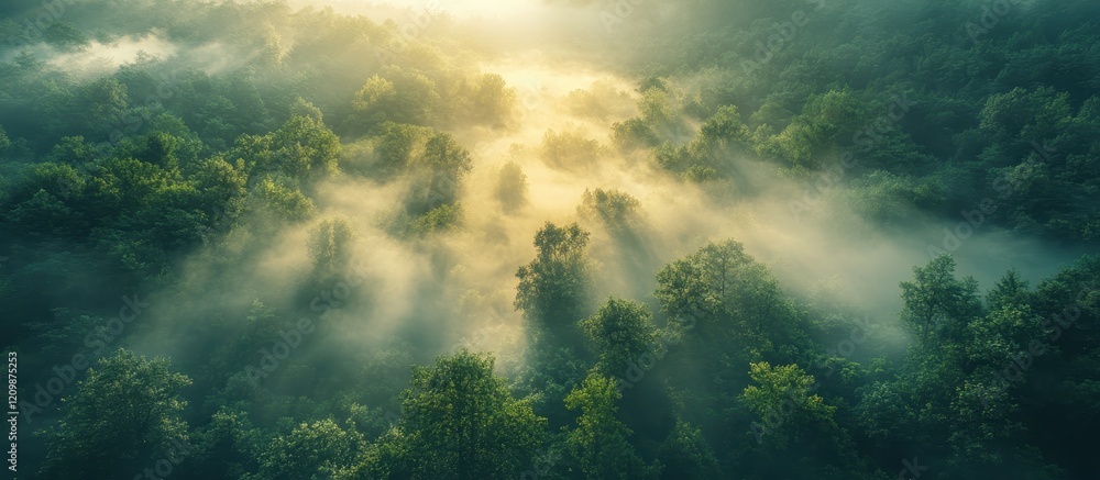 Fototapeta premium Aerial View of Lush Green Forest with Sunlight Breaking Through Misty Morning Fog Creating a Serene and Mystical Atmosphere