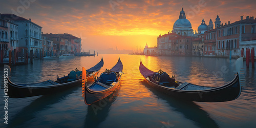 Three gondolas rest in calm waters as the sun sets over Venice, creating a vibrant skyline.