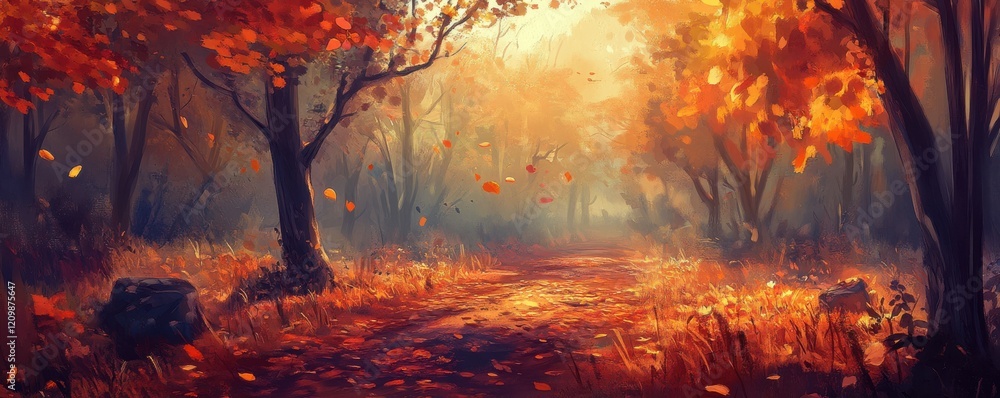 A serene forest trail covered in autumn leaves, peaceful and warm. A serene forest trail covered in autumn leaves, peaceful and warm.