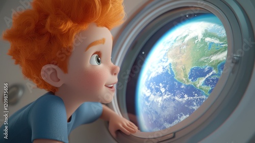 A young boy with bright orange hair gazes out of a spaceship window, marveling at the beautiful view of Earth from space. photo