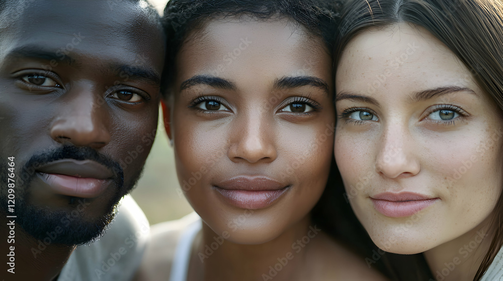 Three friends smile happily while enjoying a sunny day outdoors, capturing a moment of joy. Three friends smile happily while enjoying a sunny day outdoors, capturing a moment of joy.