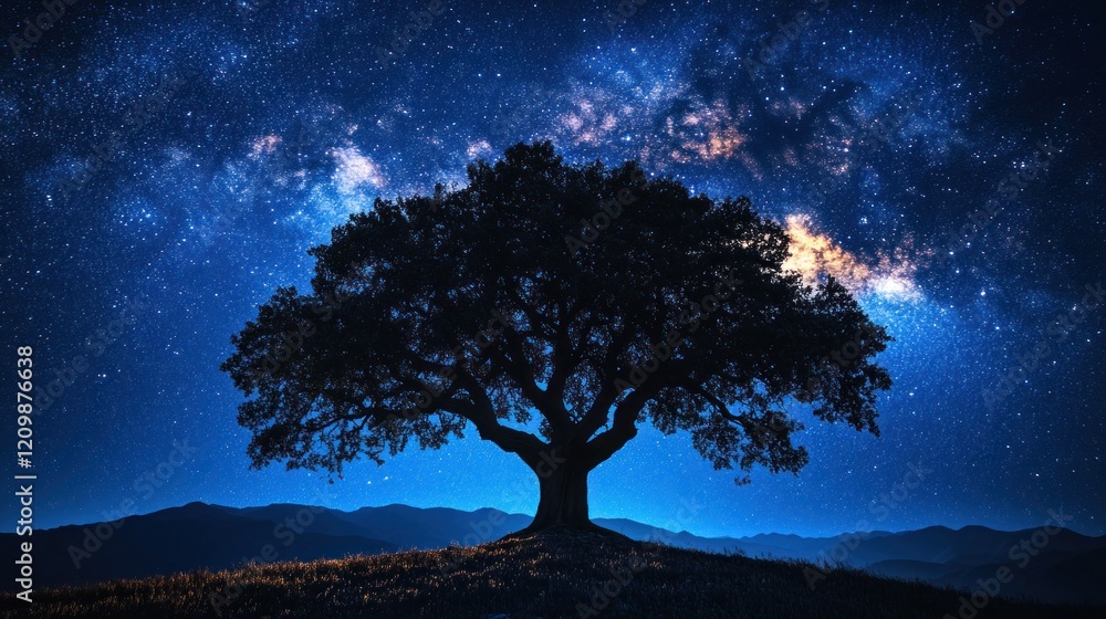 Night Sky, Milky Way, Tree, Landscape, Starry, Hill, Nature, Serenity, Poster, Design Night Sky, Milky Way, Tree, Landscape, Starry, Hill, Nature, Serenity, Poster, Design