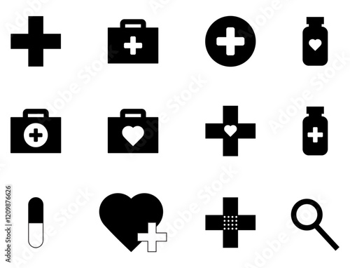 Medical and healthcare icon set in black and white,  Medical icons, Healthcare symbols, First aid and emergency visuals, health care, vector illustration.