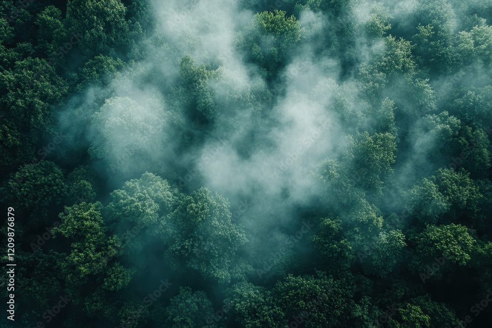 Obraz premium Aerial View of Lush Green Forest with Misty Fog Creating a Serene and Mysterious Atmosphere in a Dense Woodland Landscape