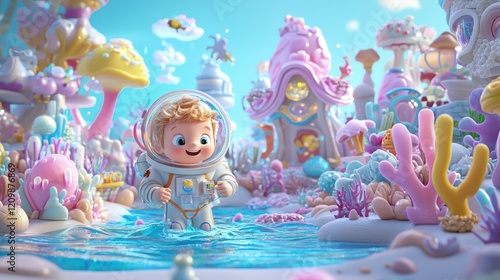 A whimsical scene featuring a joyful child in an astronaut suit exploring a colorful, underwater world filled with vibrant coral and fantastical structures.