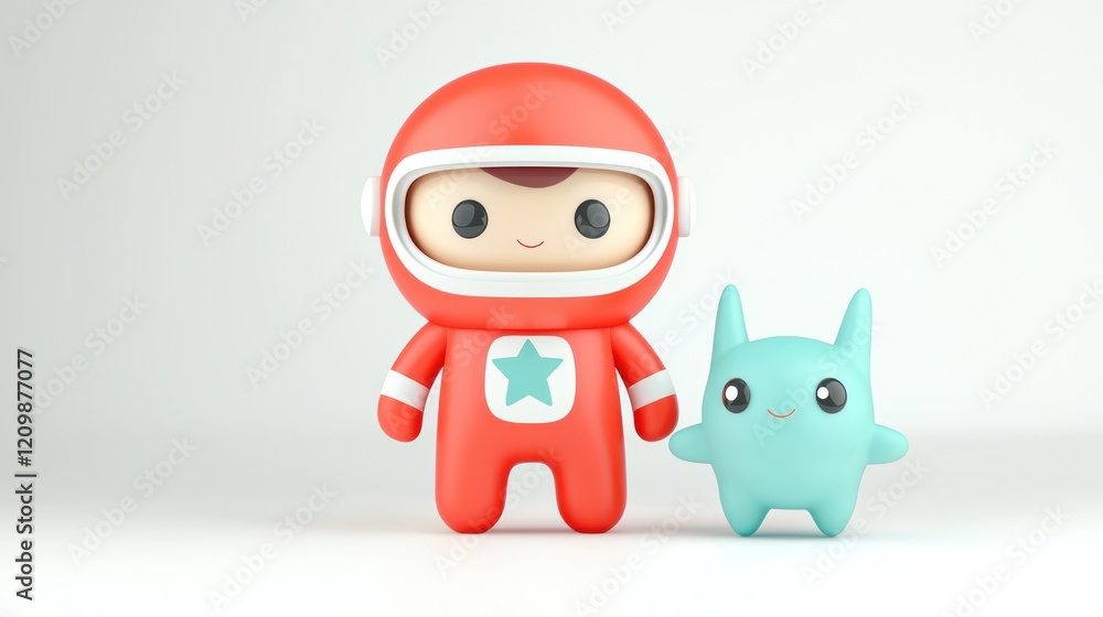 Fototapeta premium A colorful astronaut figure in a red suit stands beside a cute turquoise creature, showcasing a playful and whimsical design.