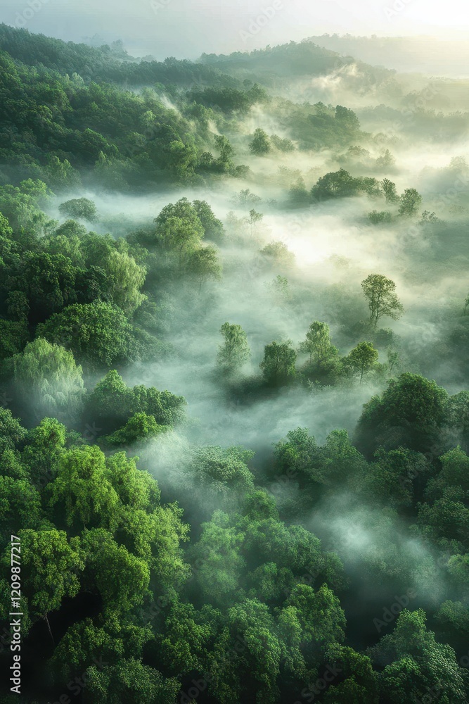 Aerial View of Lush Green Forest with Morning Mist Creating a Serene and Mystical Atmosphere in a Tranquil Natural Landscape Aerial View of Lush Green Forest with Morning Mist Creating a Serene and Mystical Atmosphere in a Tranquil Natural Landscape