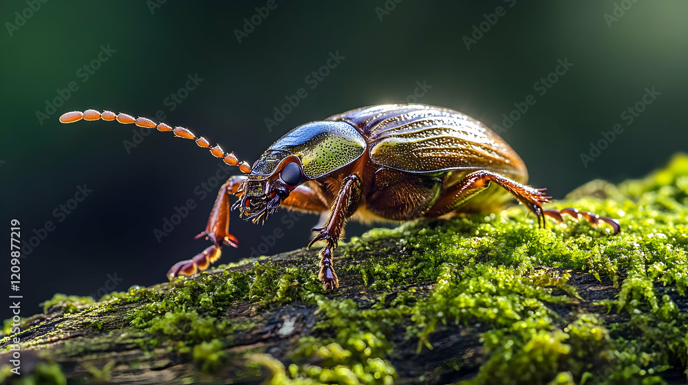 Fototapeta premium A beetle crawling across a mossy log, its shiny carapace and textured legs clearly visible under natural light