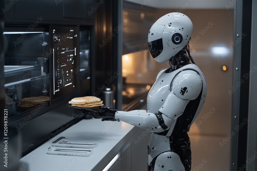 Fototapeta premium Robot chef prepares pancakes in a modern kitchen with advanced technology setting
