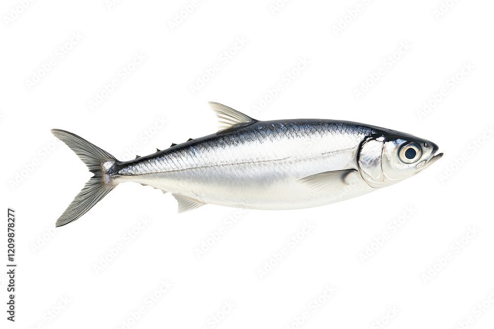 Fresh sardine fish with detailed scales and fins isolated on white transparent background, symbolizing canned seafood Fresh sardine fish with detailed scales and fins isolated on white transparent background, symbolizing canned seafood