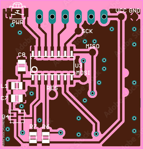 Vector printed circuit board of electronic 
device with components of radio elements, 
conductors and contact pads placed on pcb. 
Engineering technical drawing.
Computer technic cad design.