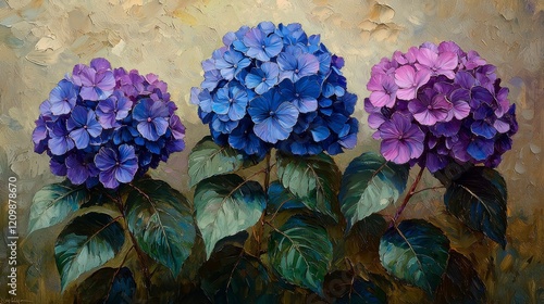 Wallpaper Mural Oil painting of three hydrangeas in shades of purple and blue. Torontodigital.ca