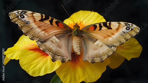 A butterfly resting on a bright yellow flower, showcasing its intricate wing details and delicate proboscis photo