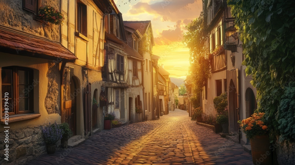 Charming European village street at sunset, highly detailed, peaceful and inviting, vibrant and picturesque, warm and beautiful atmosphere Charming European village street at sunset, highly detailed, peaceful and inviting, vibrant and picturesque, warm and beautiful atmosphere