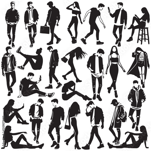 Black and white vector silhouettes set of young men and women in different poses, walking, sitting, using phones, carrying bags, wearing casual and stylish outfits. Isolated collection.