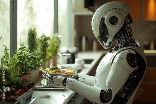 Robot chef preparing a meal in a modern kitchen filled with fresh herbs and vegetables during daylight hours photo