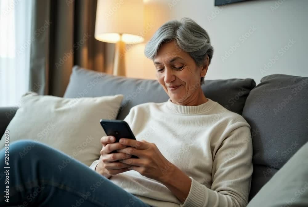 Smiling Senior Woman Enjoying Mobile Phone Connectivity While Relaxing at Home on a Cozy Sofa with Warm Lighting and Comfortable Decor Smiling Senior Woman Enjoying Mobile Phone Connectivity While Relaxing at Home on a Cozy Sofa with Warm Lighting and Comfortable Decor