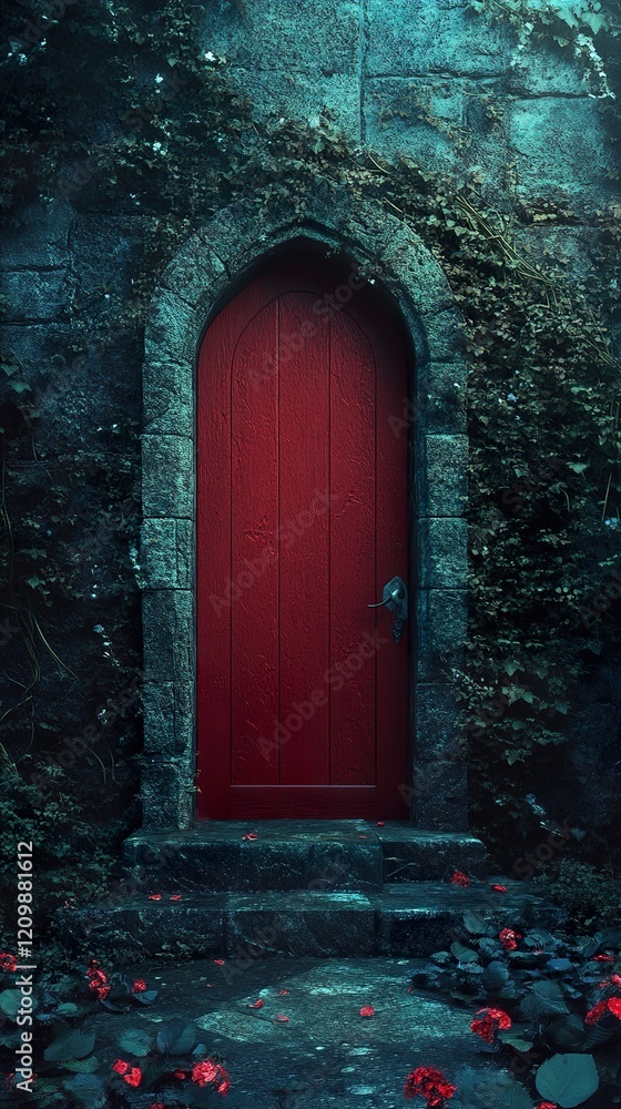 Enigmatic Red Door in Ancient Stone Archway Enigmatic Red Door in Ancient Stone Archway