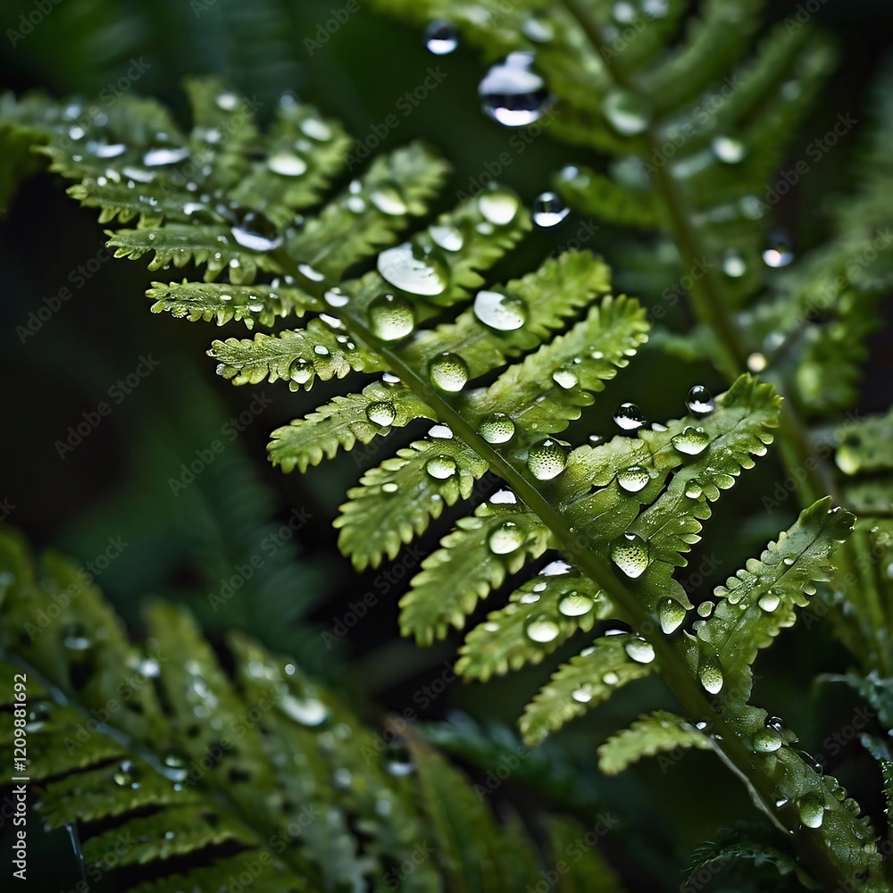 Vivid Green Fern with Water Droplets in Lush Rainforest Close-Up