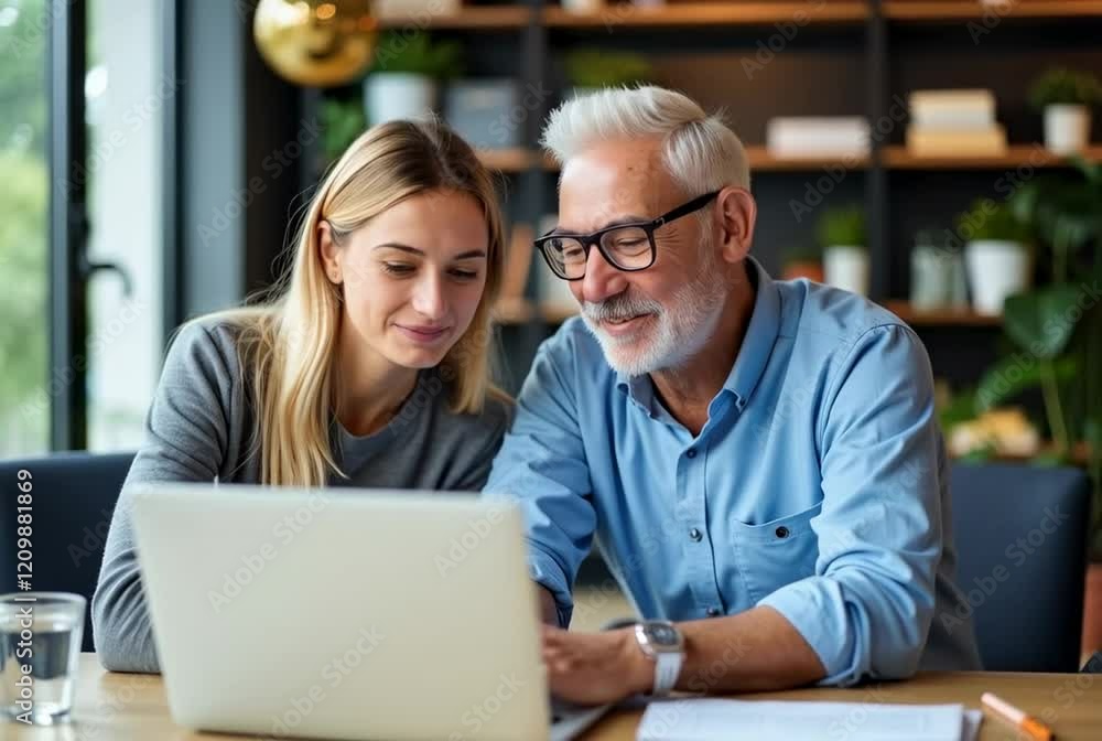 Joyful Intergenerational Interaction: A Young Woman and Older Man Engaging with a Laptop in a Cozy Workspace, Highlighting Technology and Companionship Joyful Intergenerational Interaction: A Young Woman and Older Man Engaging with a Laptop in a Cozy Workspace, Highlighting Technology and Companionship