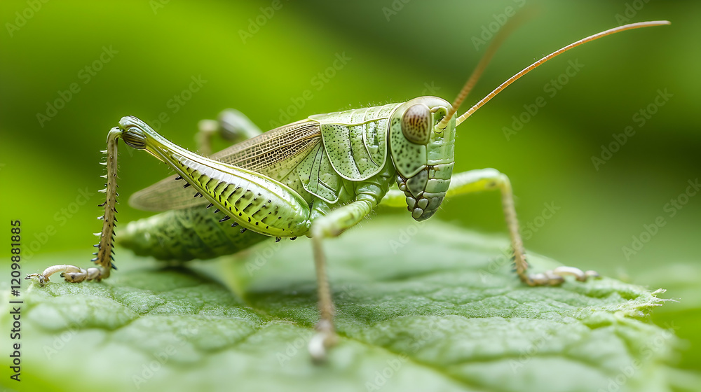 A grasshopper camouflaged on a green leaf, with its textured legs and segmented body in sharp focus A grasshopper camouflaged on a green leaf, with its textured legs and segmented body in sharp focus