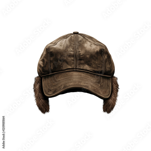 An illustration of a classic hunting cap with earflaps, on a transparent background
