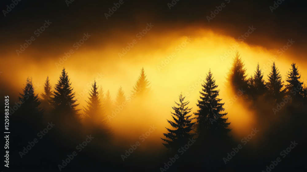 Ethereal Yellow Mist Gently Floating Over Dark Pine Trees in a Mysterious Landscape Ethereal Yellow Mist Gently Floating Over Dark Pine Trees in a Mysterious Landscape