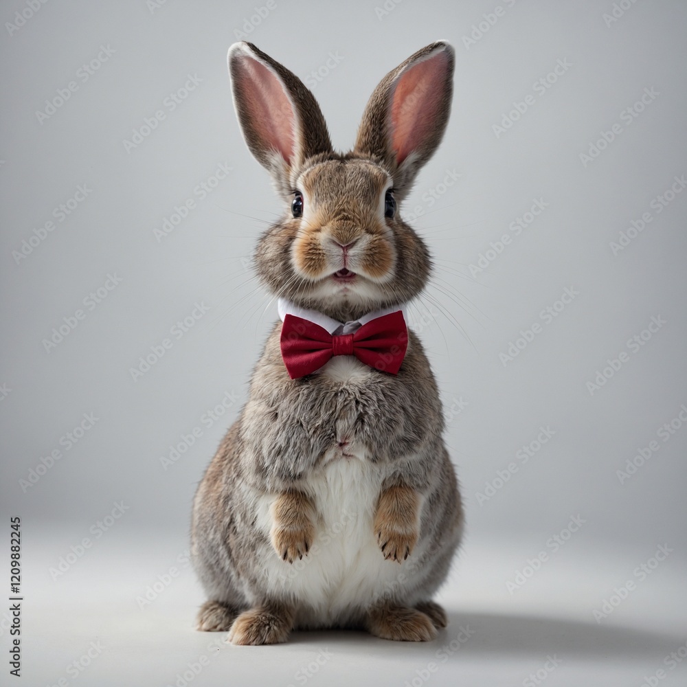 Fototapeta premium A cartoon bunny with a bowtie standing cheerfully on a white surface.